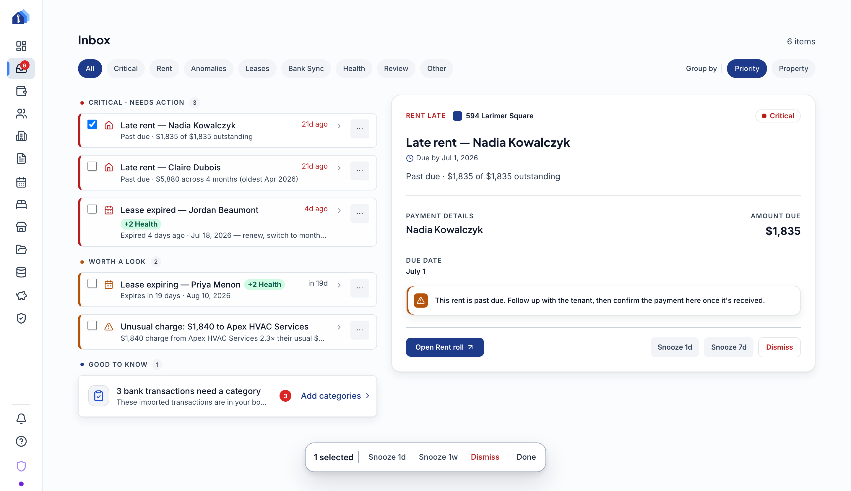Keystone IQ inbox — late rent, expiring leases and an unusual-charge anomaly, grouped by priority with a detail pane open