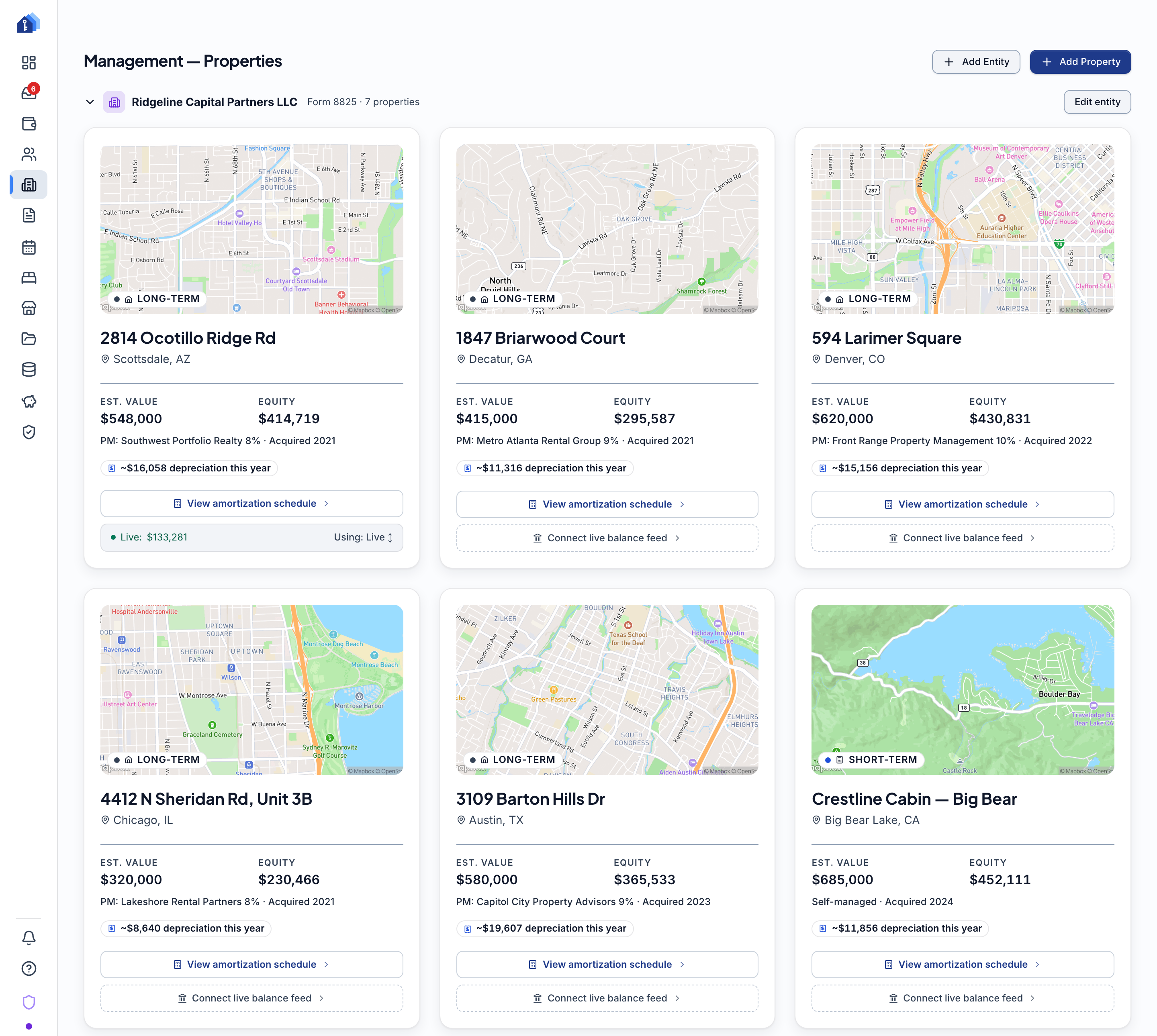 Keystone IQ Properties — portfolio cards with map covers, estimated value, equity and depreciation