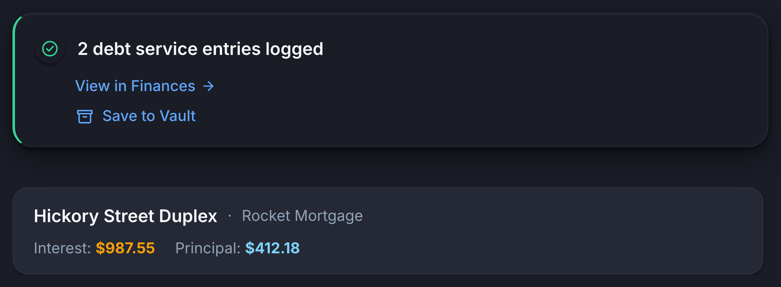 Keystone IQ mortgage statement result — 2 debt service entries logged, showing Interest and Principal extracted from a Rocket Mortgage statement