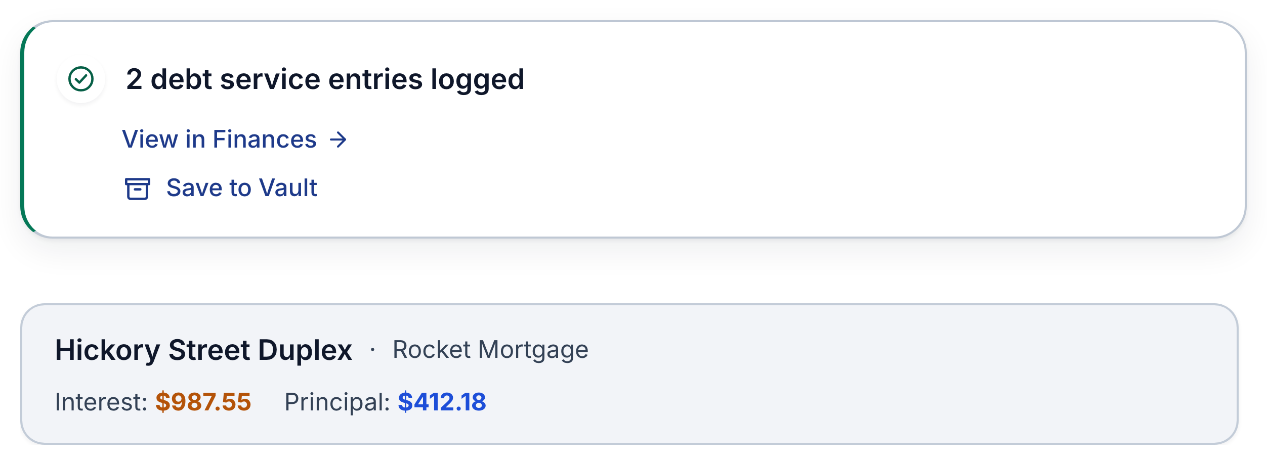 Keystone IQ mortgage statement result — 2 debt service entries logged, showing Interest and Principal extracted from a Rocket Mortgage statement