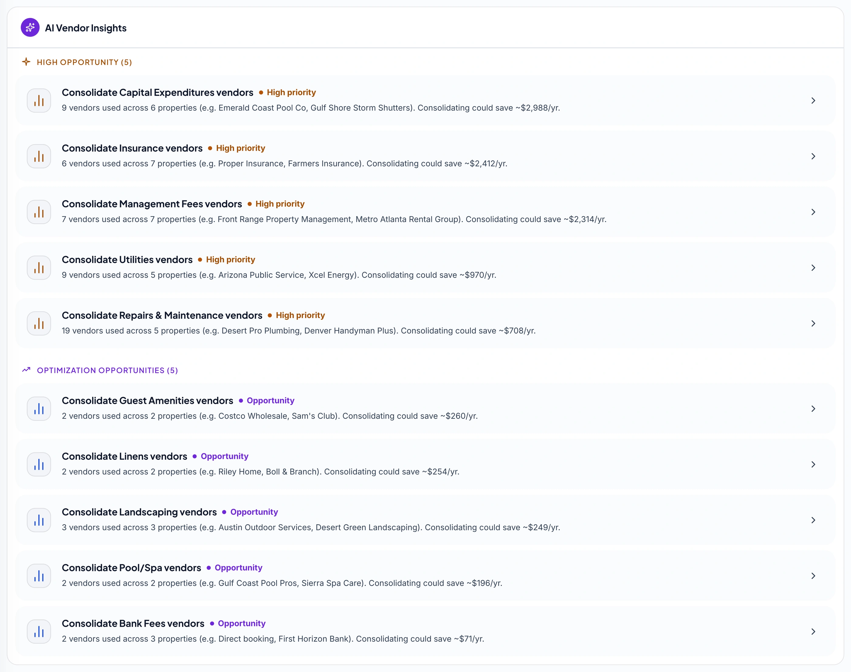 The Vendor Intelligence page's own AI Vendor Insights list: per-category consolidation opportunities such as Capital Expenditures and Insurance, each with the vendors involved, properties affected, and estimated annual savings.